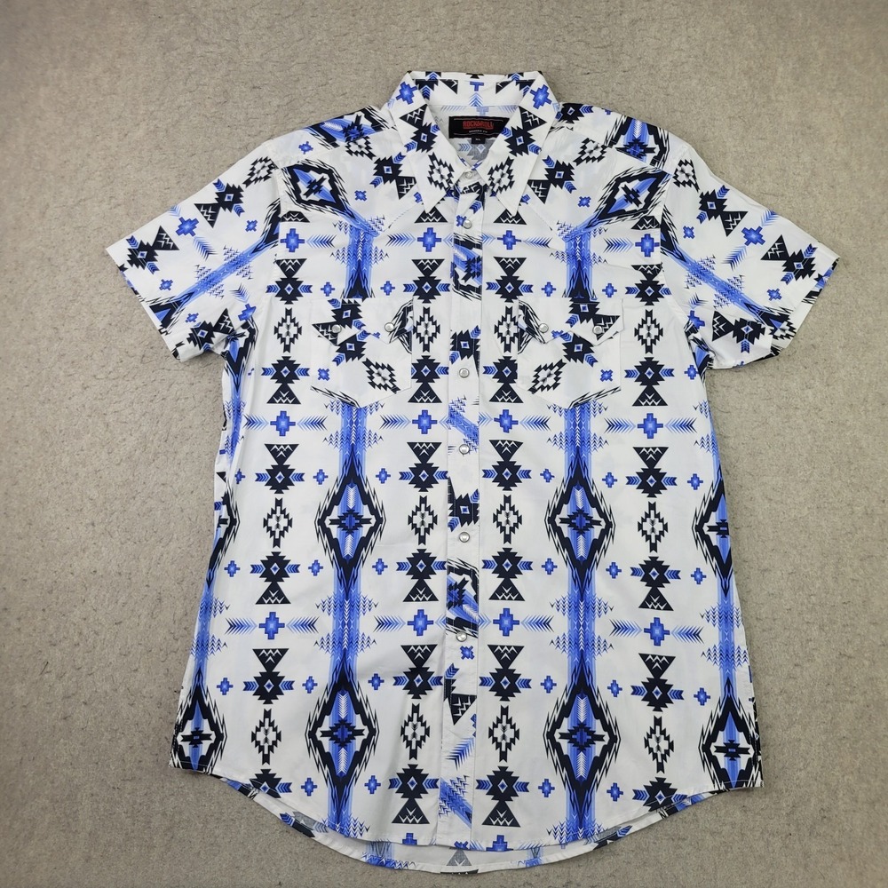 Rock & Roll Denim Mens XL Blue Pearl Snap Shirt Aztec Short Sleeve Modern Fit